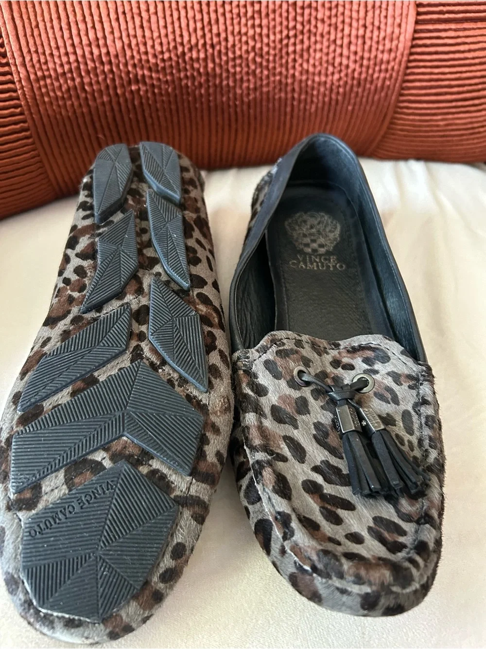 Cow Hair Vince Camuto Leopard Tassel Moccasins in Brown and Black